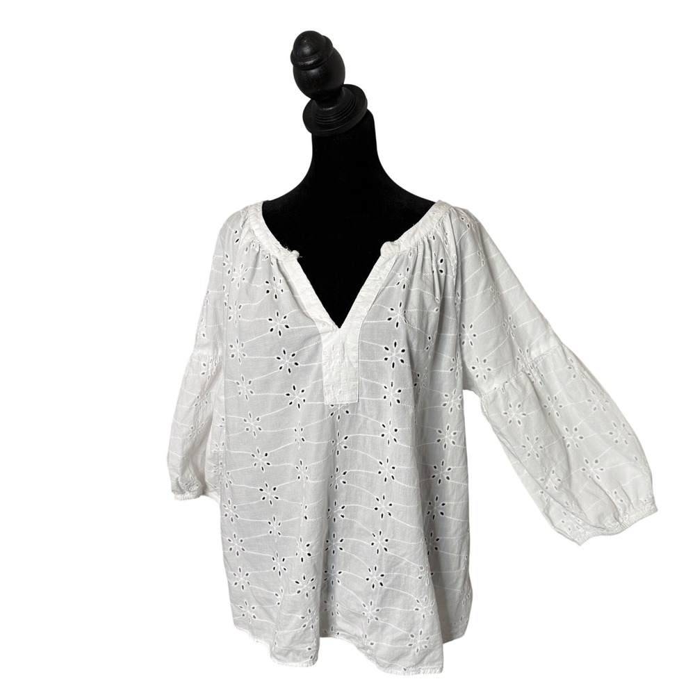 Nine West White Eyelet Cotton Peasant Blouse Size L V-Neck 3/4 Sleeve Cottage